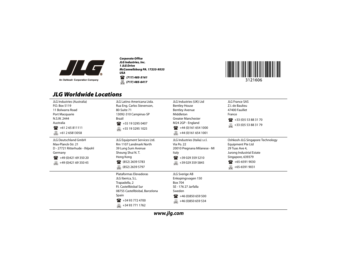 Jlg worldwide locations | JLG 600SC_660SJC Operator Manual User Manual | Page 104 / 104