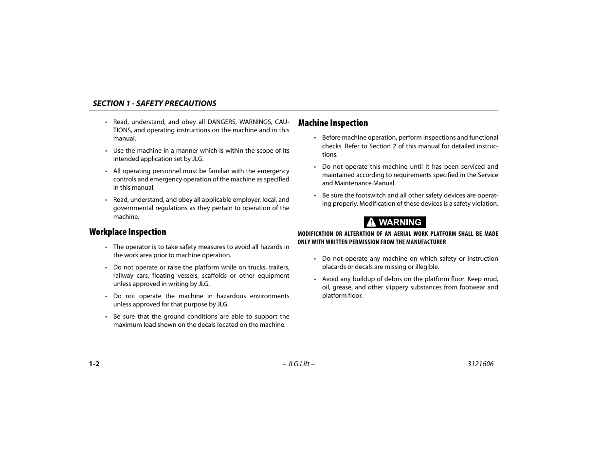 Workplace inspection, Machine inspection, Workplace inspection -2 machine inspection -2 | JLG 600SC_660SJC Operator Manual User Manual | Page 12 / 104