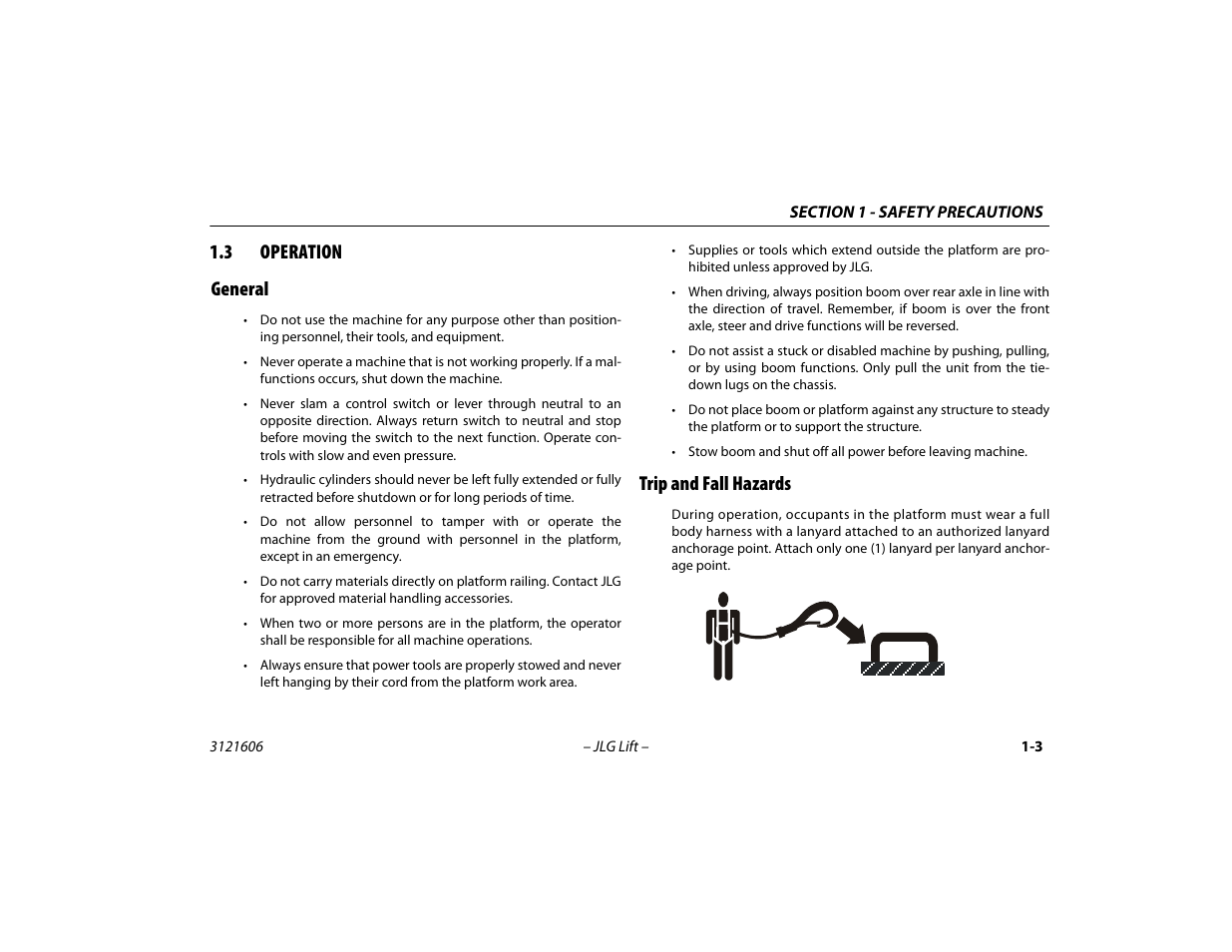 3 operation, General, Trip and fall hazards | Operation -3, General -3 trip and fall hazards -3, 3 operation general | JLG 600SC_660SJC Operator Manual User Manual | Page 13 / 104