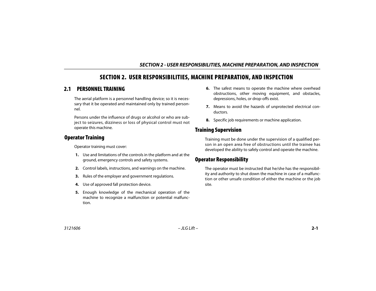 1 personnel training, Operator training, Training supervision | Operator responsibility, Personnel training -1 | JLG 600SC_660SJC Operator Manual User Manual | Page 21 / 104