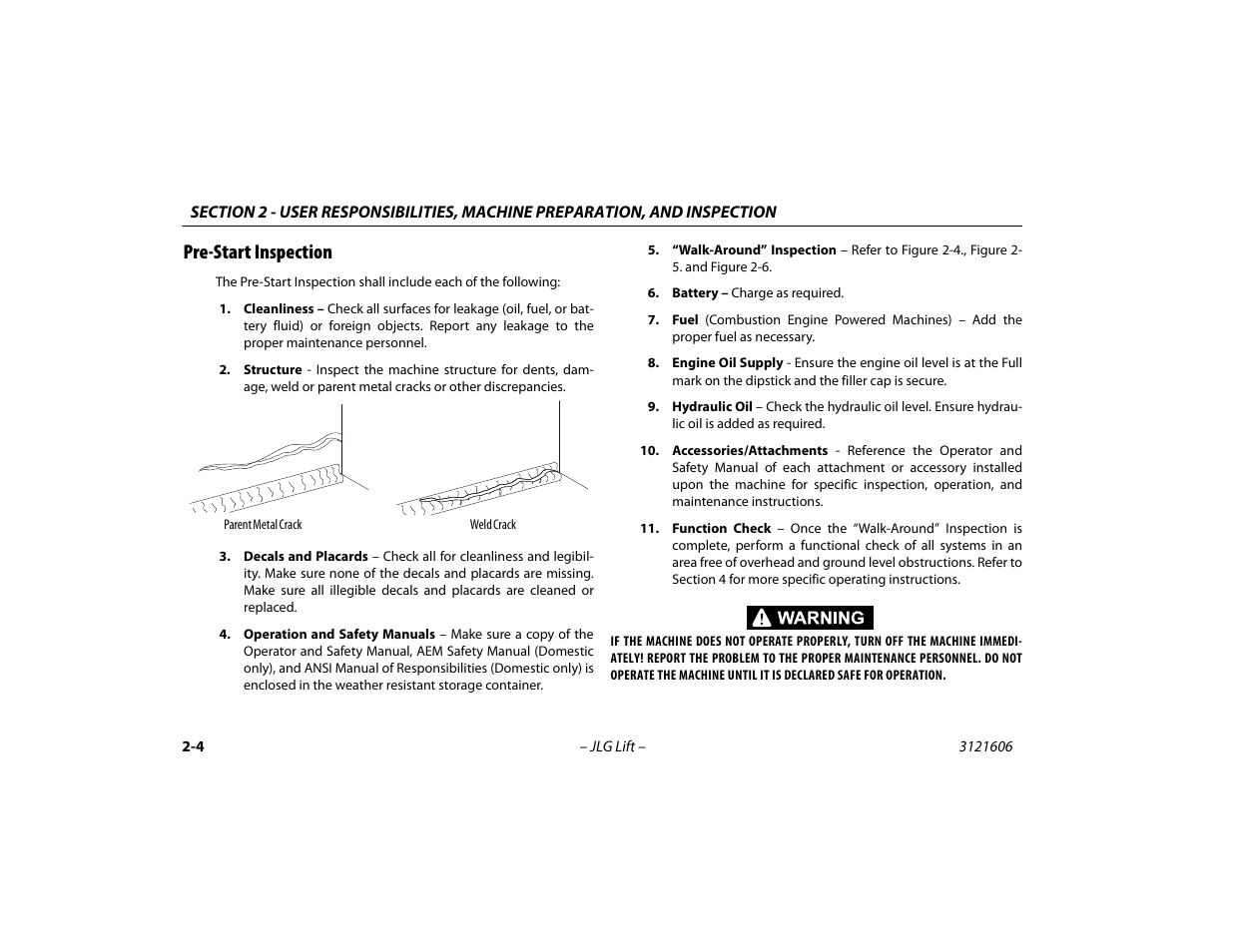 Pre-start inspection, Pre-start inspection -4 | JLG 600SC_660SJC Operator Manual User Manual | Page 24 / 104