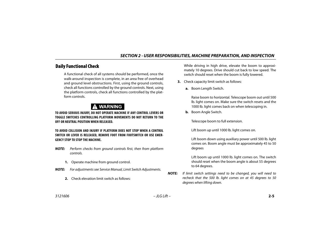 Daily functional check, Daily functional check -5 | JLG 600SC_660SJC Operator Manual User Manual | Page 25 / 104