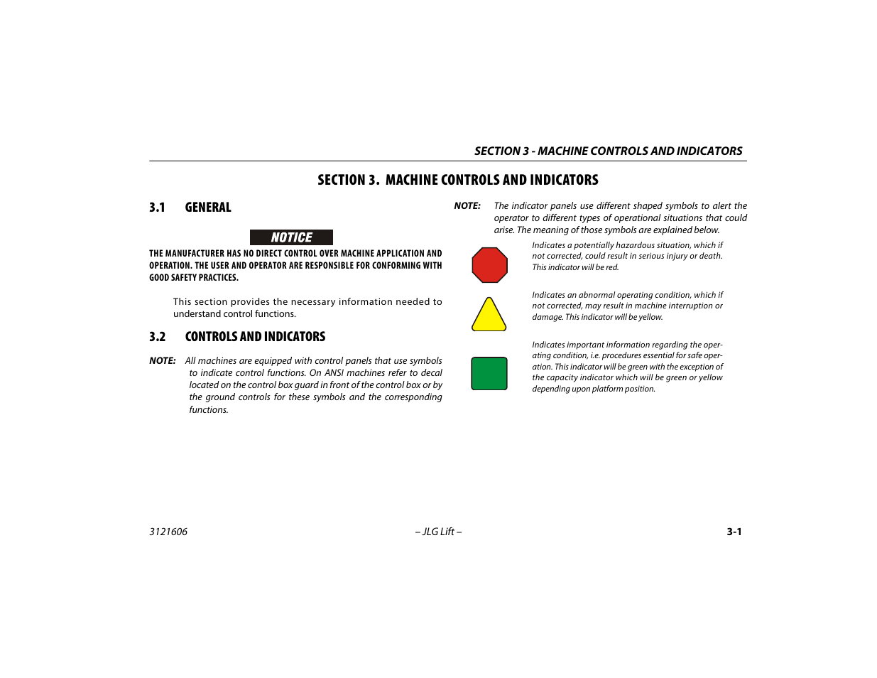 Section 3. machine controls and indicators, 1 general, 2 controls and indicators | Section - 3 - machine controls and indicators, General -1, Controls and indicators -1 | JLG 600SC_660SJC Operator Manual User Manual | Page 35 / 104