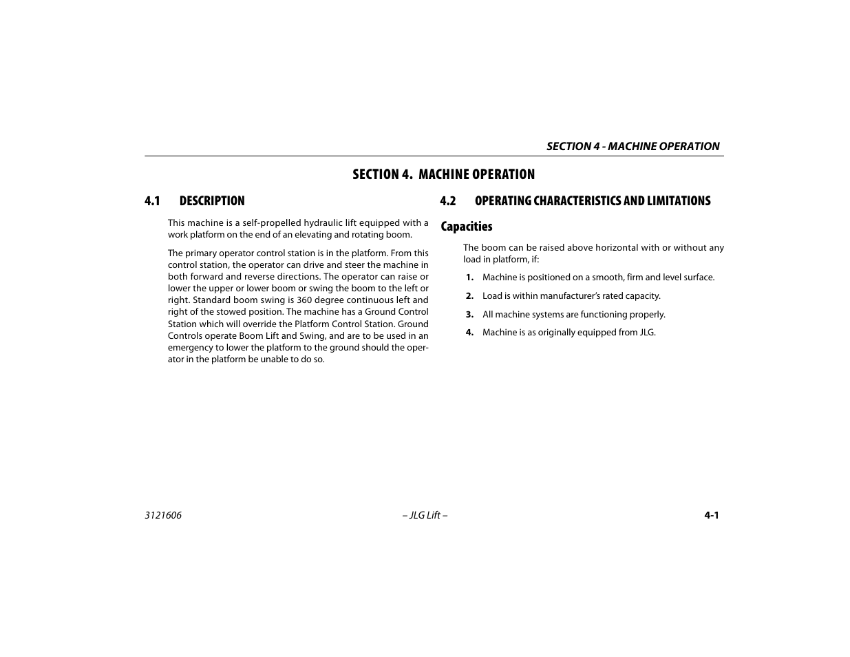 Section 4. machine operation, 1 description, 2 operating characteristics and limitations | Capacities, Section - 4 - machine operation, Description -1, Operating characteristics and limitations -1, Capacities -1 | JLG 600SC_660SJC Operator Manual User Manual | Page 53 / 104