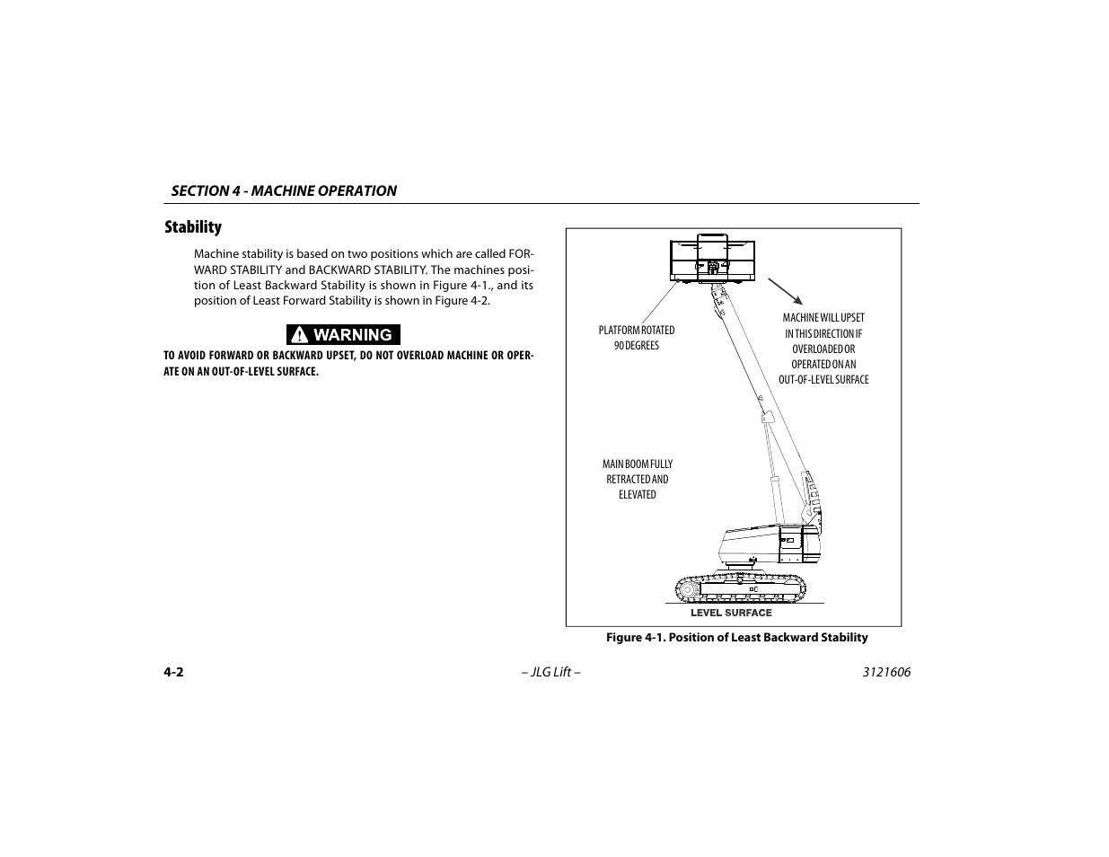 Stability, Stability -2, Position of least backward stability -2 | JLG 600SC_660SJC Operator Manual User Manual | Page 54 / 104