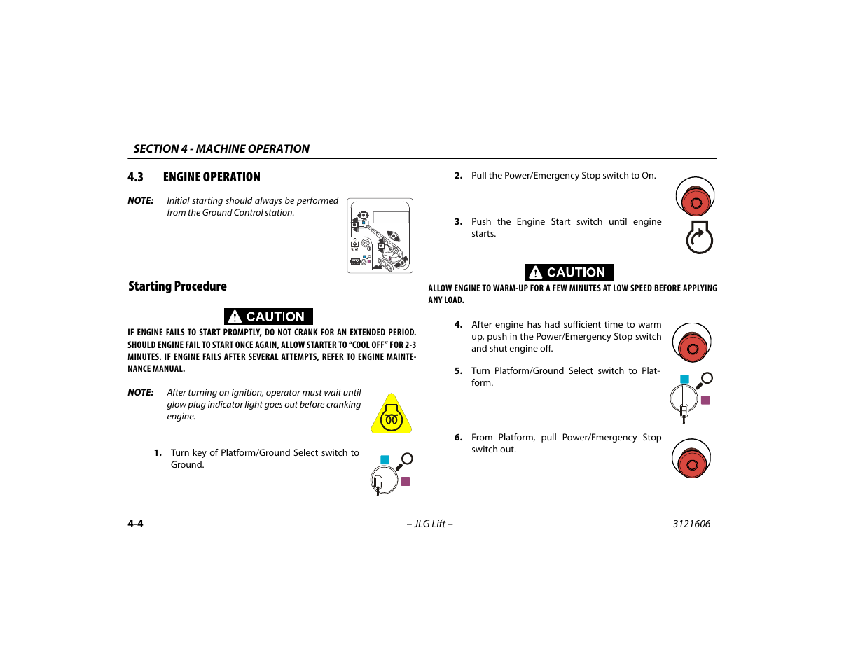 3 engine operation, Starting procedure, Engine operation -4 | Starting procedure -4 | JLG 600SC_660SJC Operator Manual User Manual | Page 56 / 104