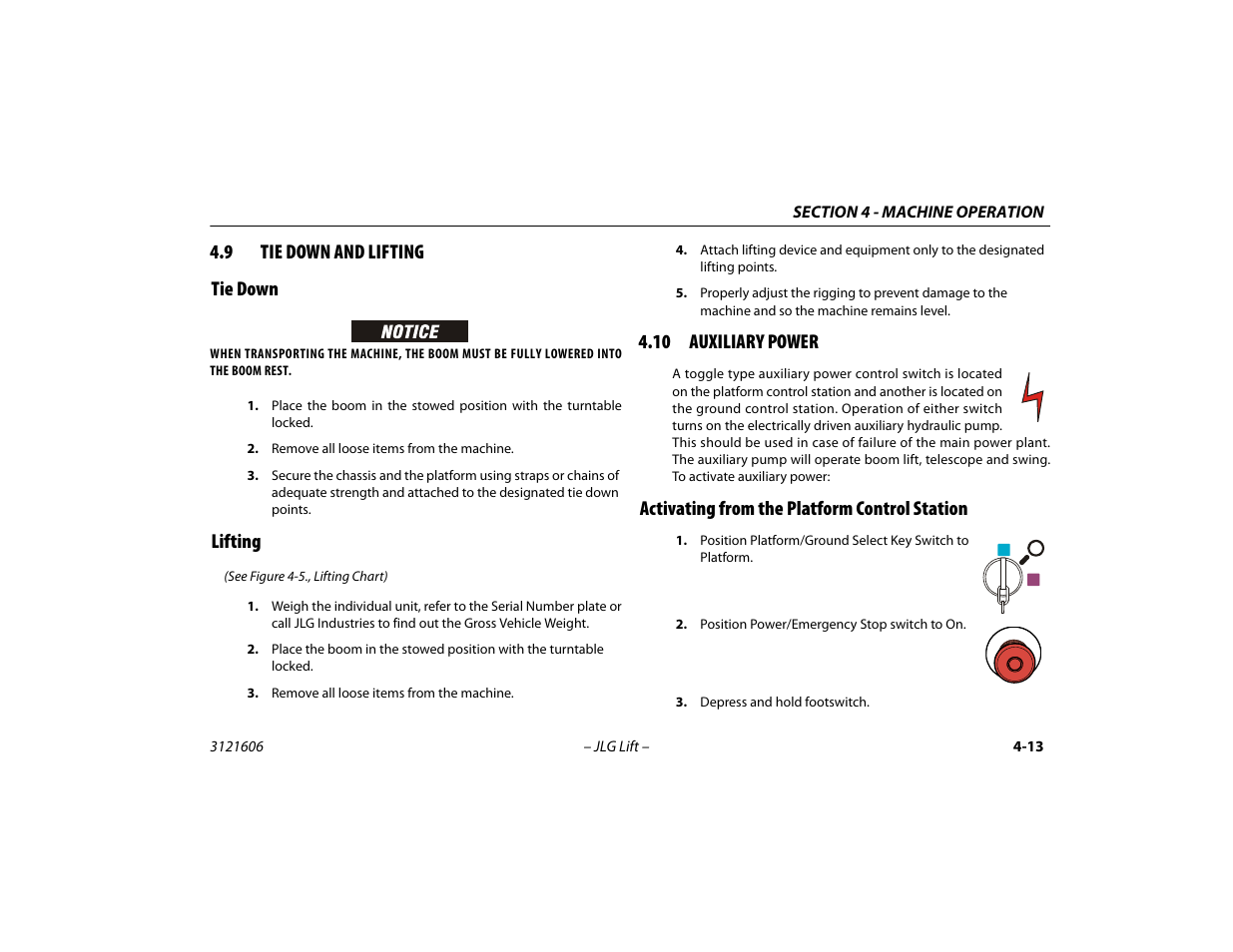 9 tie down and lifting, Tie down, Lifting | 10 auxiliary power, Activating from the platform control station, Tie down and lifting -13, Tie down -13 lifting -13, 10 auxiliary power -13, Activating from the platform control station -13, 9 tie down and lifting tie down | JLG 600SC_660SJC Operator Manual User Manual | Page 65 / 104