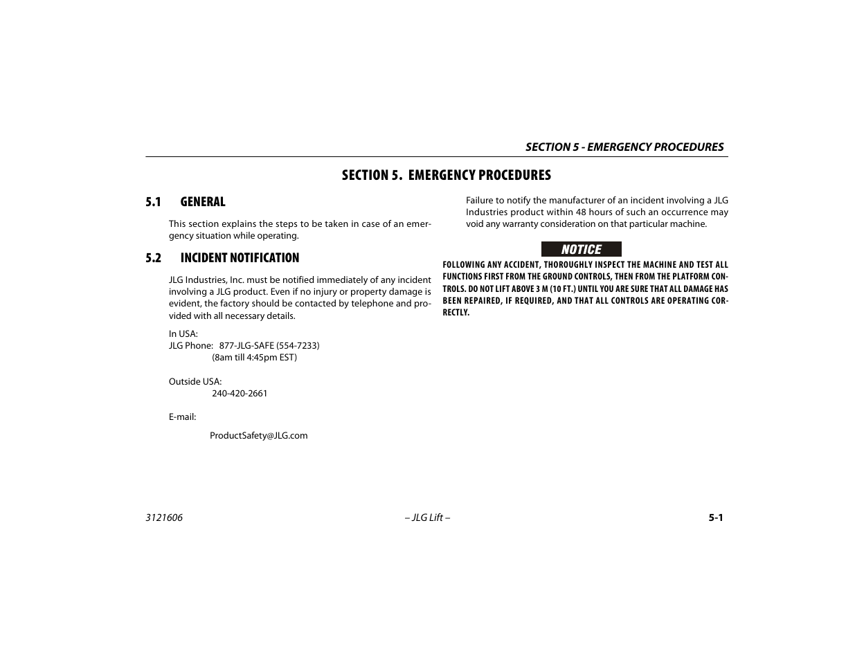 Section 5. emergency procedures, 1 general, 2 incident notification | Section - 5 - emergency procedures, General -1, Incident notification -1 | JLG 600SC_660SJC Operator Manual User Manual | Page 81 / 104