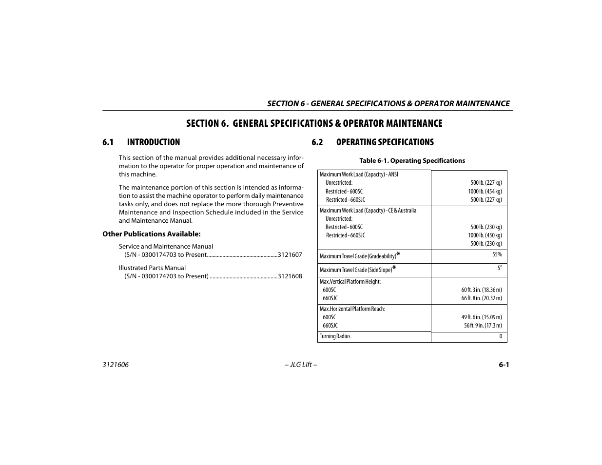 1 introduction, 2 operating specifications, Introduction -1 | Operating specifications -1 | JLG 600SC_660SJC Operator Manual User Manual | Page 83 / 104