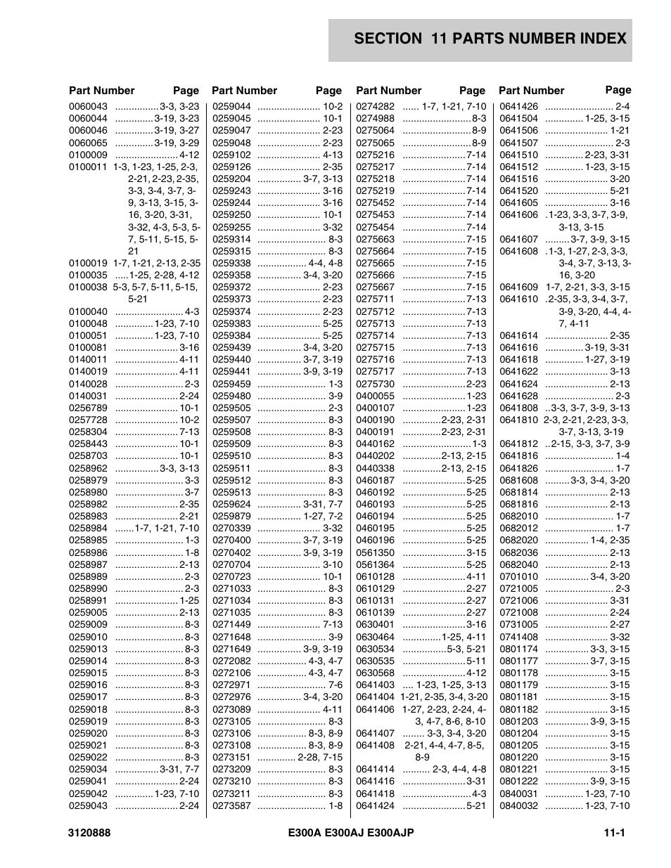 Section 11 parts number index, 11 - parts number index -1 | JLG E300 Parts Manual User Manual | Page 189 / 198