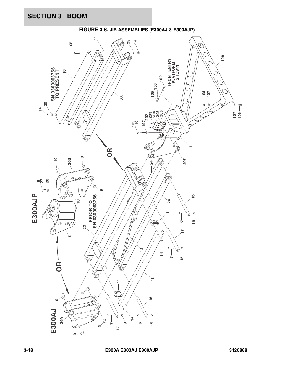 Figure 3-6. jib assemblies (e300aj & e300ajp), Or e3 00 a j, E300a jp | JLG E300 Parts Manual User Manual | Page 88 / 198