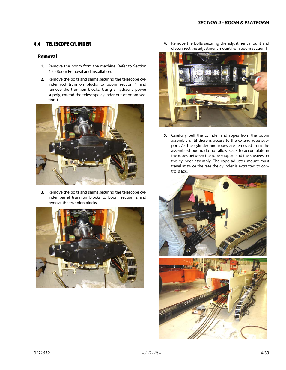 4 telescope cylinder, Removal, Telescope cylinder -33 | Removal -33, 4 telescope cylinder removal | JLG 1850SJ Service Manual User Manual | Page 119 / 452