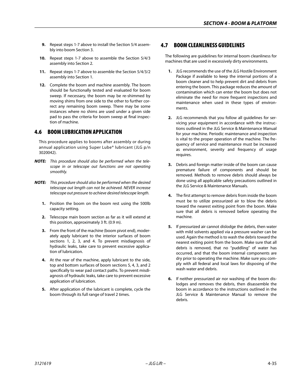 6 boom lubrication application, 7 boom cleanliness guidelines, Boom lubrication application -35 | Boom cleanliness guidelines -35 | JLG 1850SJ Service Manual User Manual | Page 121 / 452