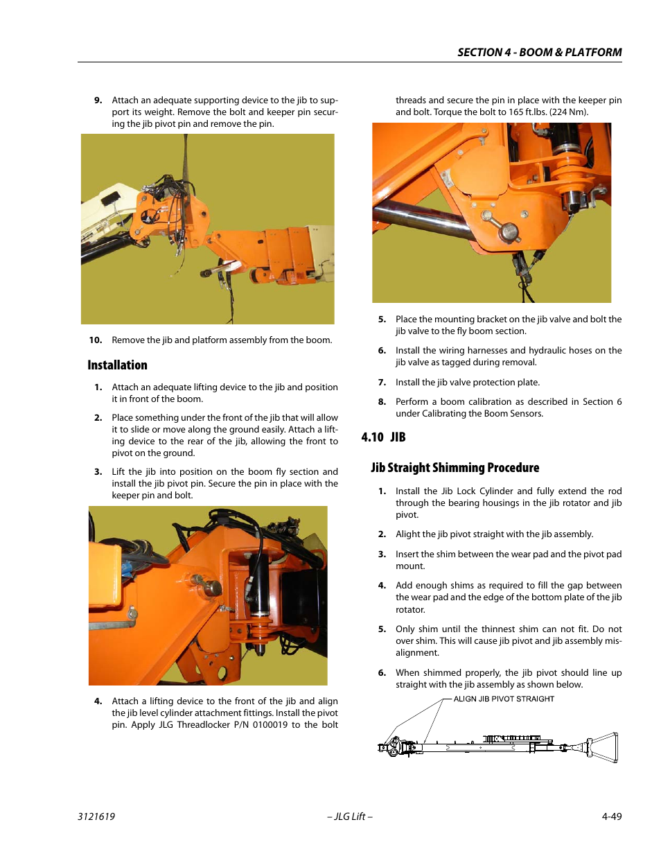 Installation, 10 jib, Jib straight shimming procedure | Installation -49, Jib -49, Jib straight shimming procedure -49, 10 jib jib straight shimming procedure | JLG 1850SJ Service Manual User Manual | Page 135 / 452