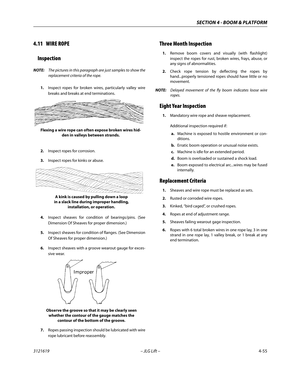 11 wire rope, Inspection, Three month inspection | Eight year inspection, Replacement criteria, Wire rope -55, 11 wire rope inspection | JLG 1850SJ Service Manual User Manual | Page 141 / 452