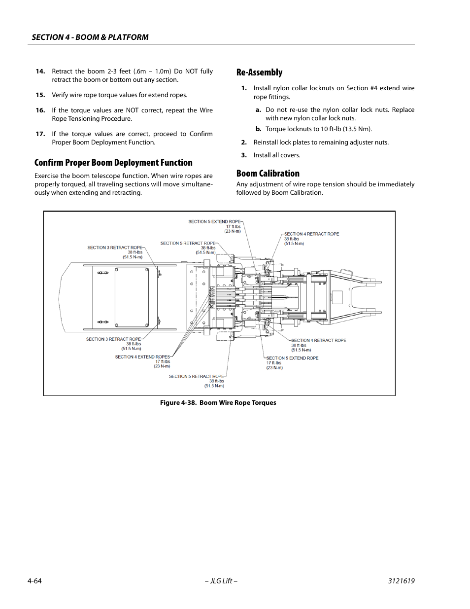 Confirm proper boom deployment function, Re-assembly, Boom calibration | Boom wire rope torques -64 | JLG 1850SJ Service Manual User Manual | Page 150 / 452
