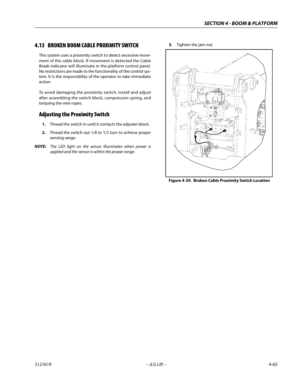 13 broken boom cable proximity switch, Adjusting the proximity switch, Broken boom cable proximity switch -65 | Adjusting the proximity switch -65, Broken cable proximity switch location -65 | JLG 1850SJ Service Manual User Manual | Page 151 / 452