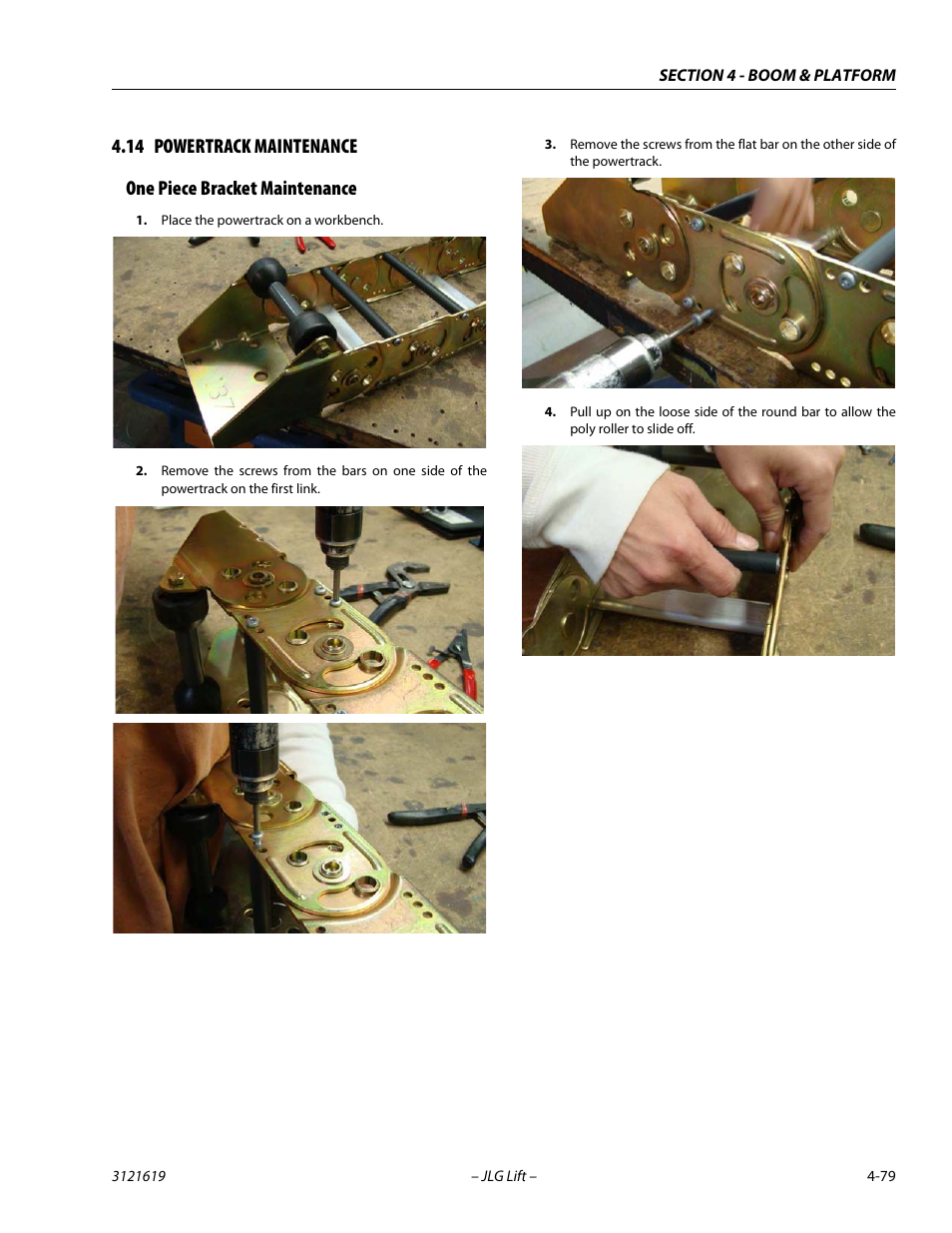 14 powertrack maintenance, One piece bracket maintenance, Powertrack maintenance -79 | One piece bracket maintenance -79 | JLG 1850SJ Service Manual User Manual | Page 165 / 452