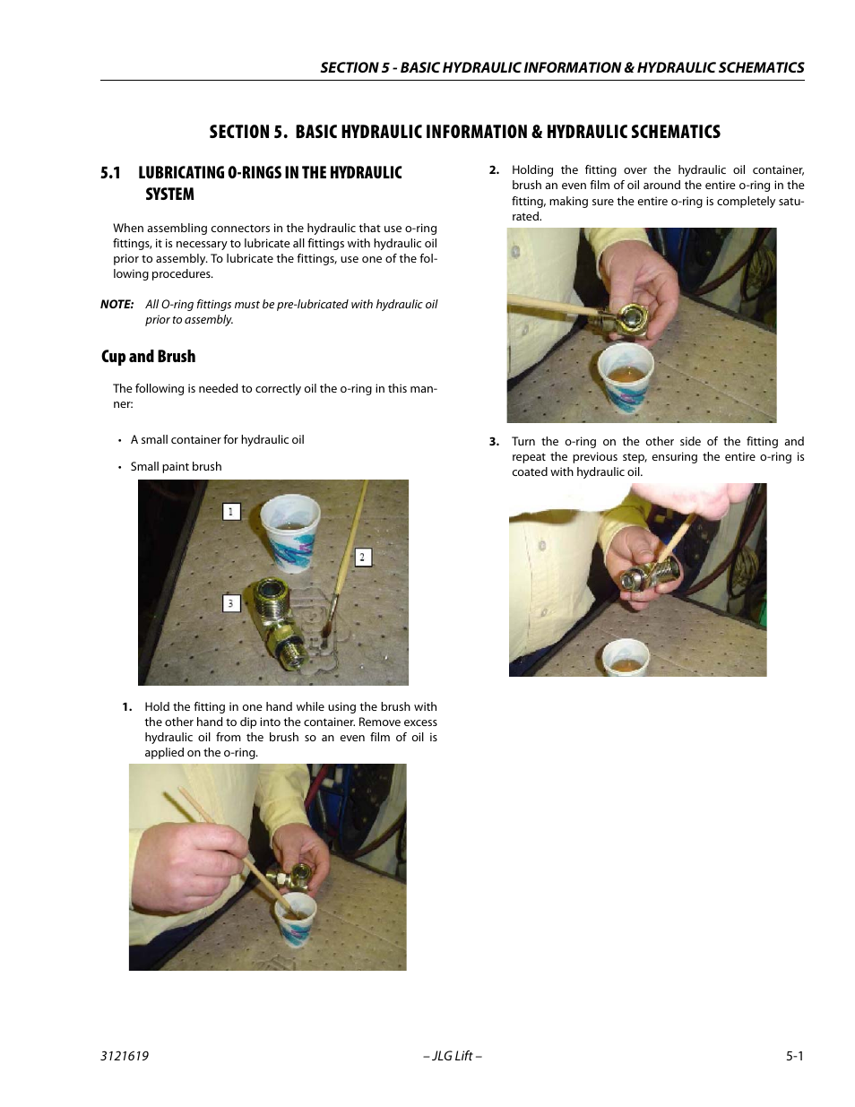 1 lubricating o-rings in the hydraulic system, Cup and brush, Section | Lubricating o-rings in the hydraulic system -1, Cup and brush -1 | JLG 1850SJ Service Manual User Manual | Page 171 / 452