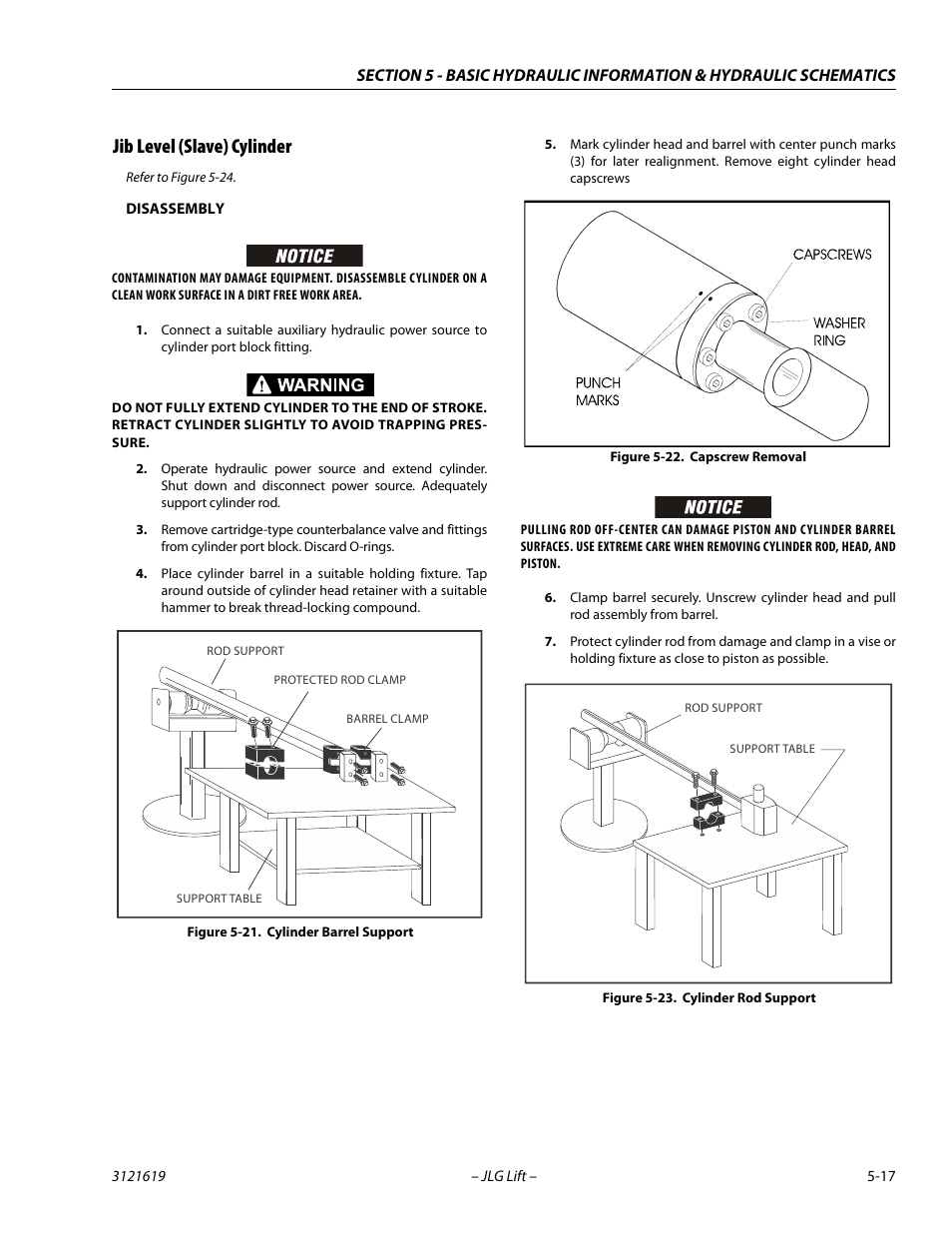 Jib level (slave) cylinder, Jib level (slave) cylinder -17, Cylinder barrel support -17 | Capscrew removal -17, Cylinder rod support -17 | JLG 1850SJ Service Manual User Manual | Page 187 / 452