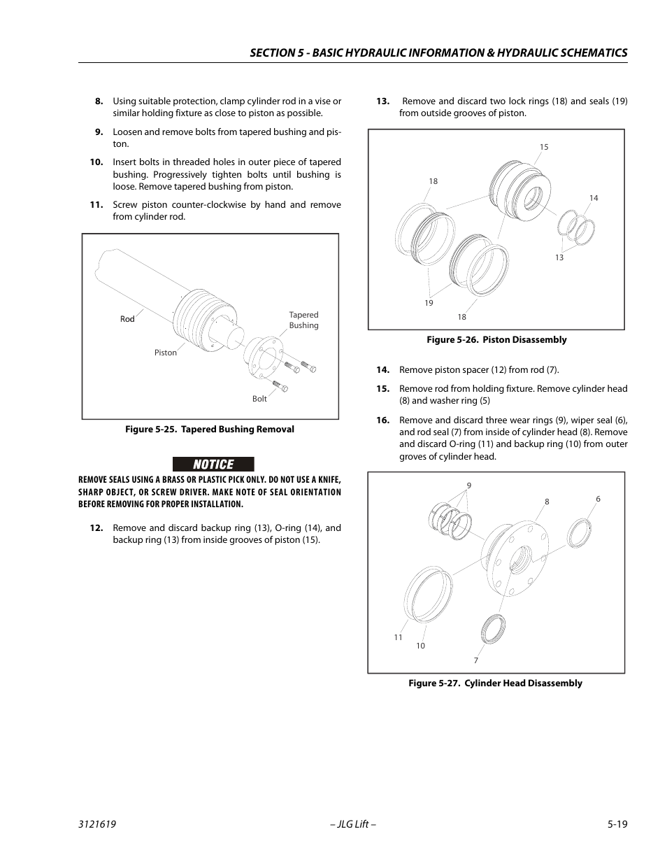 Tapered bushing removal -19, Piston disassembly -19, Cylinder head disassembly -19 | JLG 1850SJ Service Manual User Manual | Page 189 / 452