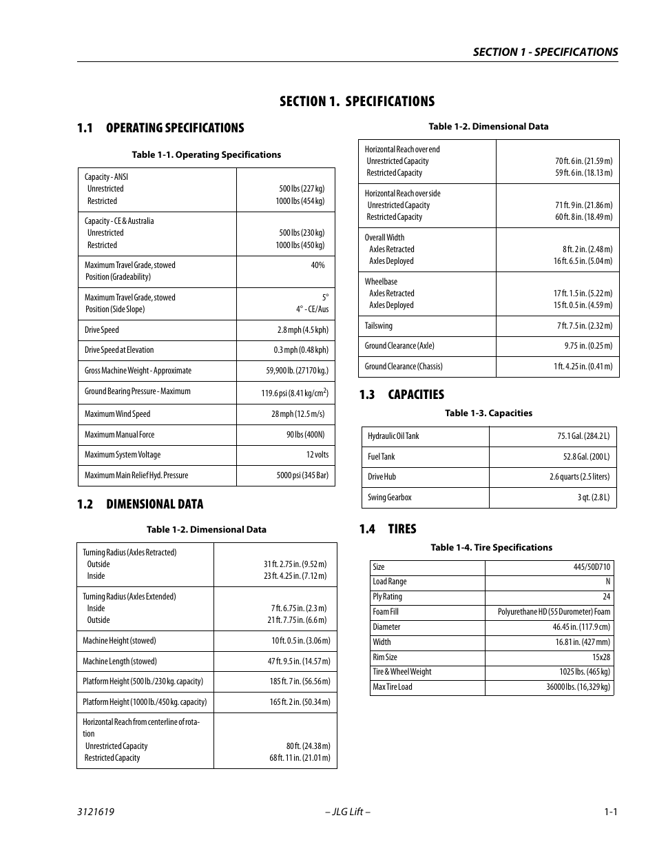 Section 1. specifications, 1 operating specifications, 2 dimensional data | 3 capacities, 4 tires, Section, 1 - specifications, Operating specifications -1, Dimensional data -1, Capacities -1 | JLG 1850SJ Service Manual User Manual | Page 19 / 452