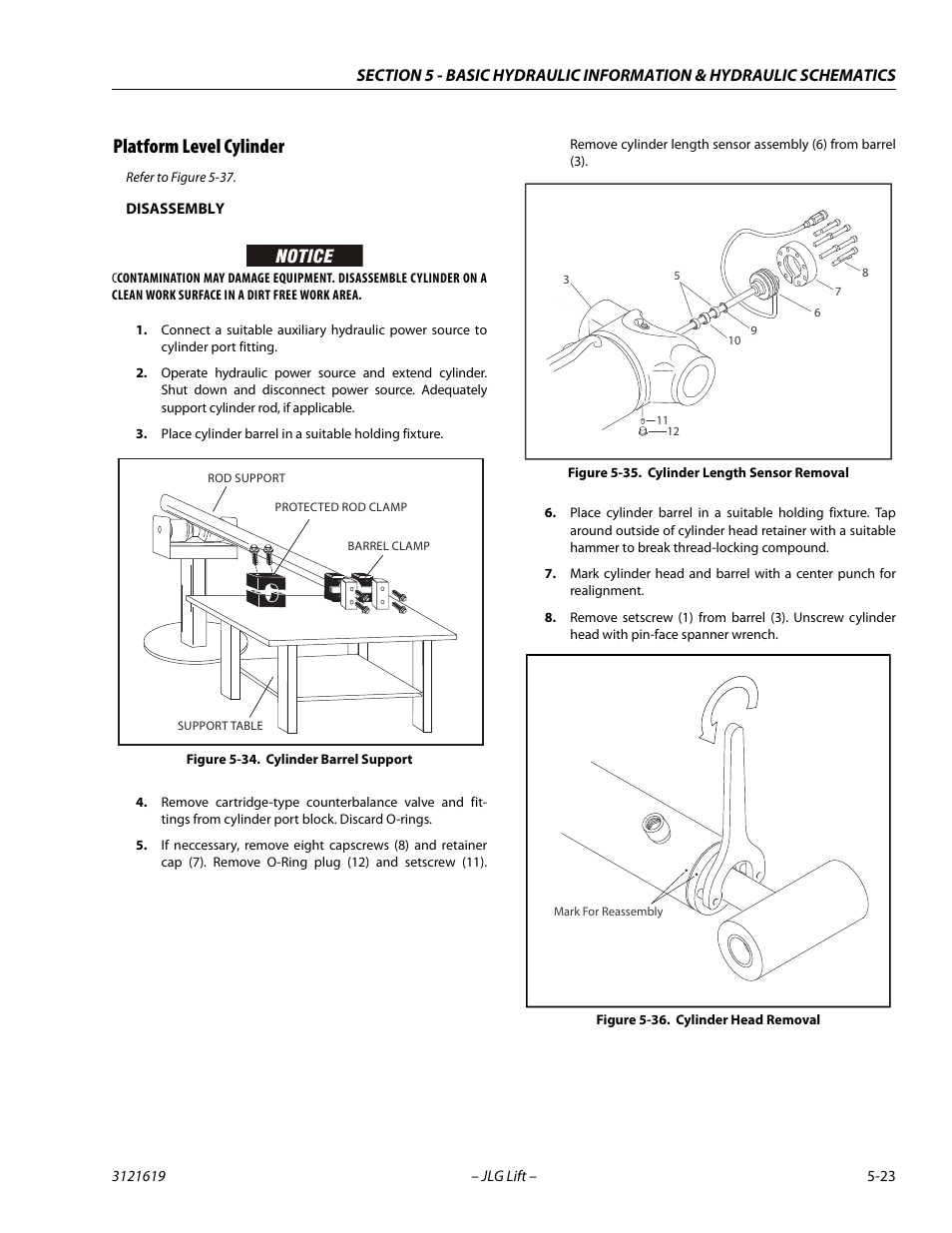 Platform level cylinder, Platform level cylinder -23, Cylinder barrel support -23 | Cylinder length sensor removal -23, Cylinder head removal -23 | JLG 1850SJ Service Manual User Manual | Page 193 / 452