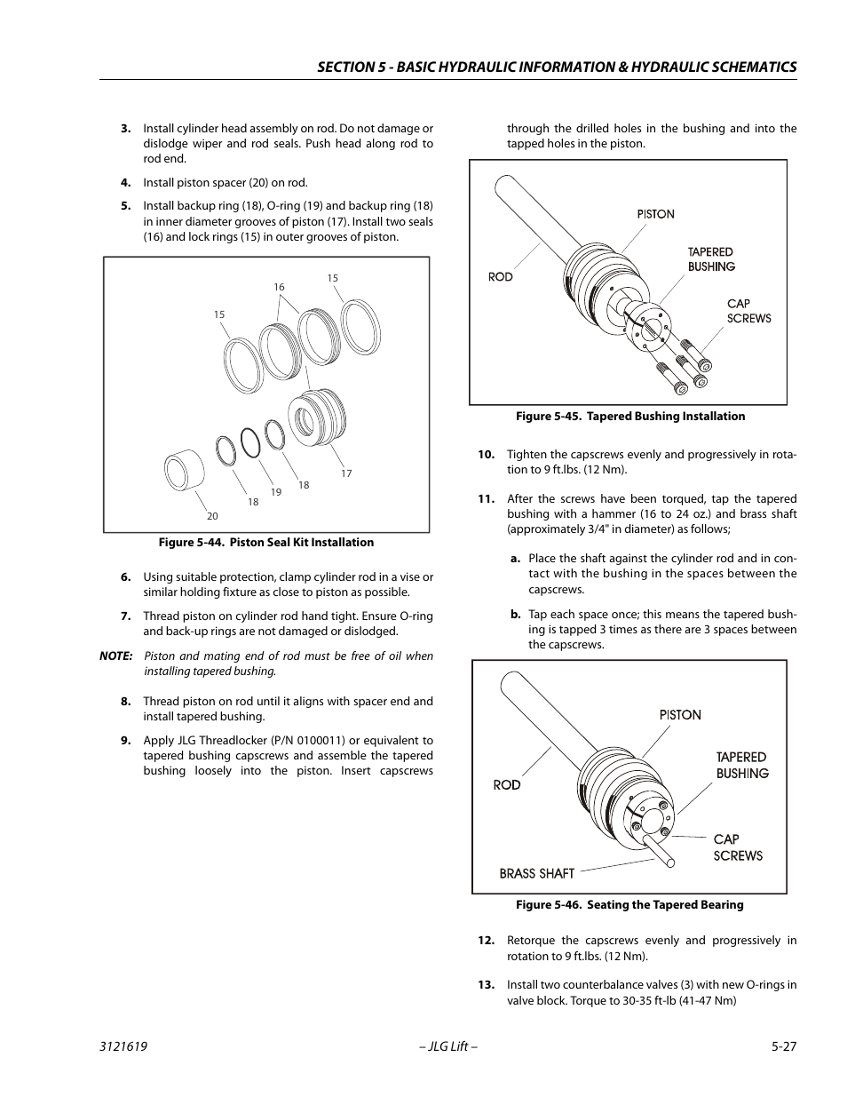 Piston seal kit installation -27, Tapered bushing installation -27, Seating the tapered bearing -27 | JLG 1850SJ Service Manual User Manual | Page 197 / 452