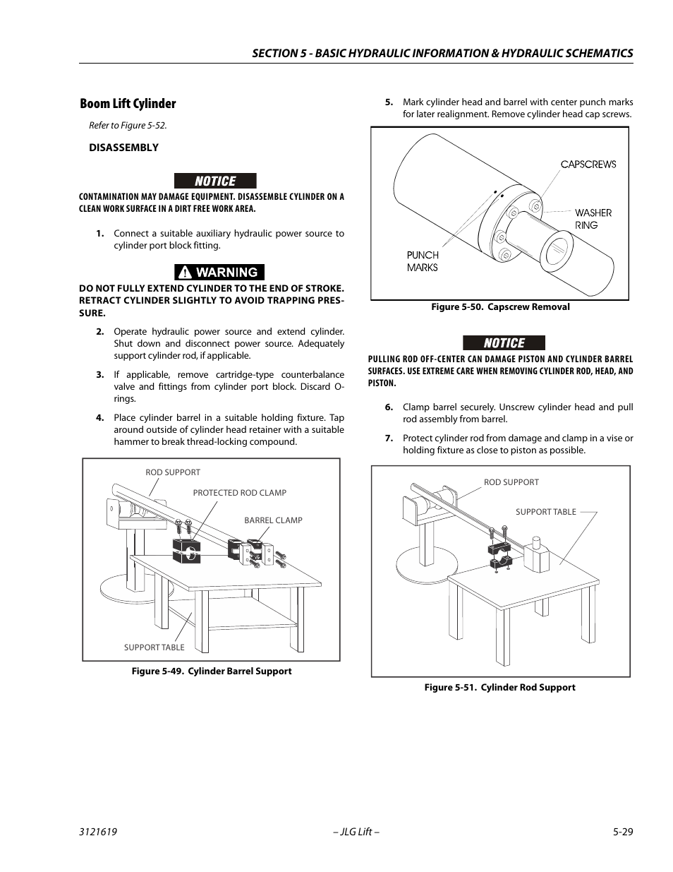 Boom lift cylinder, Boom lift cylinder -29, Cylinder barrel support -29 | Capscrew removal -29, Cylinder rod support -29 | JLG 1850SJ Service Manual User Manual | Page 199 / 452