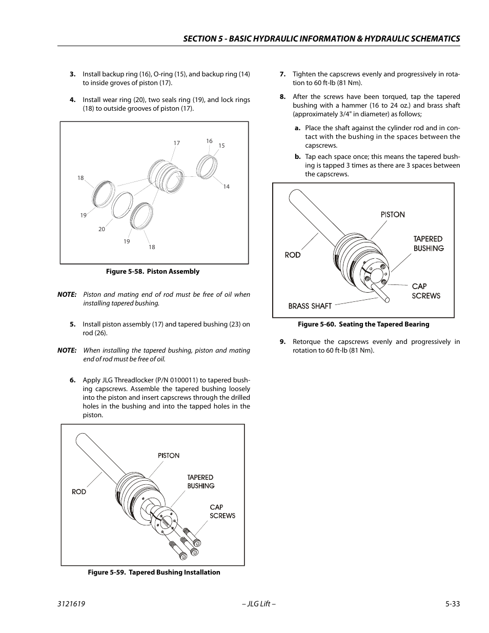 Piston assembly -33, Tapered bushing installation -33, Seating the tapered bearing -33 | JLG 1850SJ Service Manual User Manual | Page 203 / 452