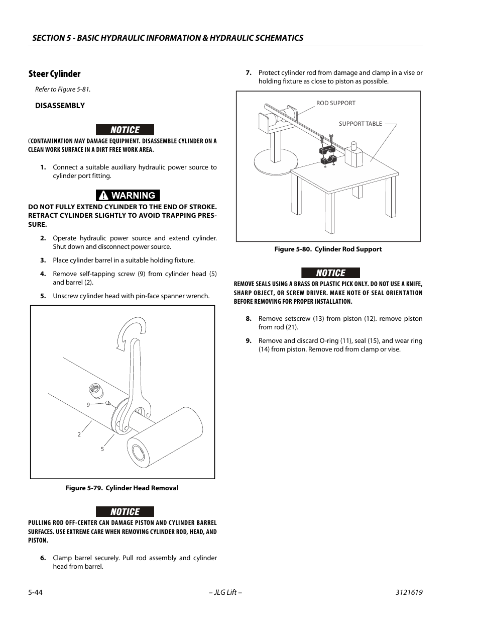 Steer cylinder, Steer cylinder -44, Cylinder head removal -44 | Cylinder rod support -44 | JLG 1850SJ Service Manual User Manual | Page 214 / 452