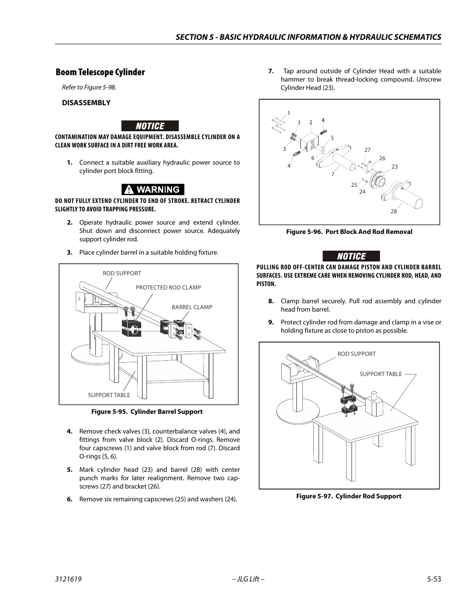 Boom telescope cylinder, Boom telescope cylinder -53, Cylinder barrel support -53 | Port block and rod removal -53, Cylinder rod support -53 | JLG 1850SJ Service Manual User Manual | Page 223 / 452