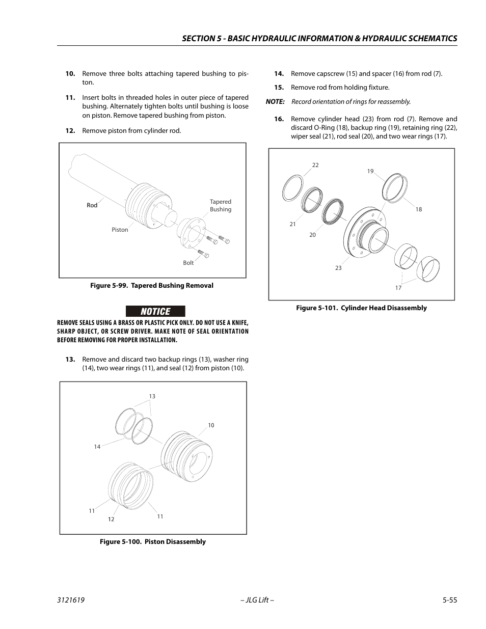 Tapered bushing removal -55, Piston disassembly -55, Cylinder head disassembly -55 | JLG 1850SJ Service Manual User Manual | Page 225 / 452