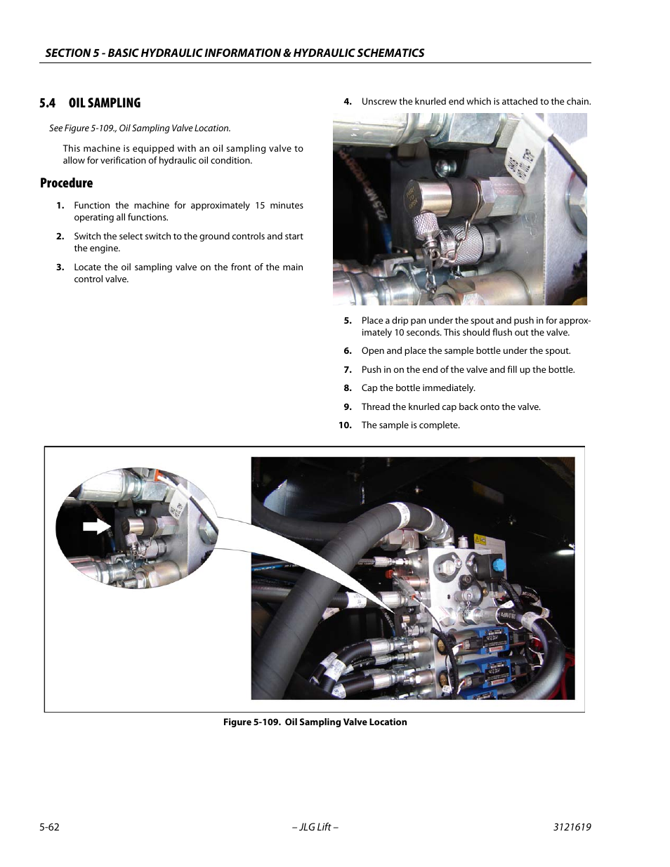 4 oil sampling, Procedure, Oil sampling -62 | Procedure -62, Oil sampling valve location -62 | JLG 1850SJ Service Manual User Manual | Page 232 / 452