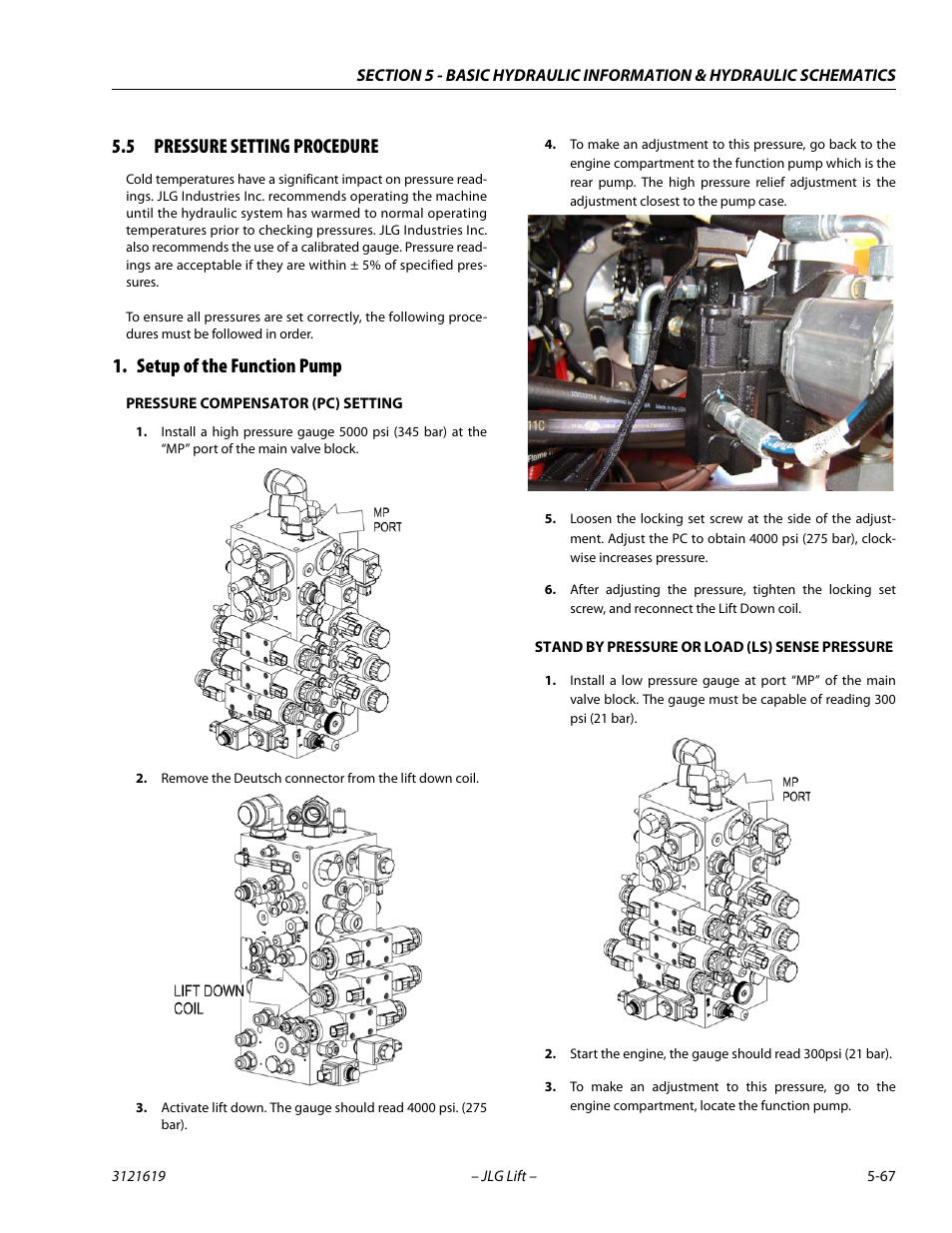 5 pressure setting procedure, Setup of the function pump, Pressure setting procedure -67 | Setup of the function pump -67 | JLG 1850SJ Service Manual User Manual | Page 237 / 452