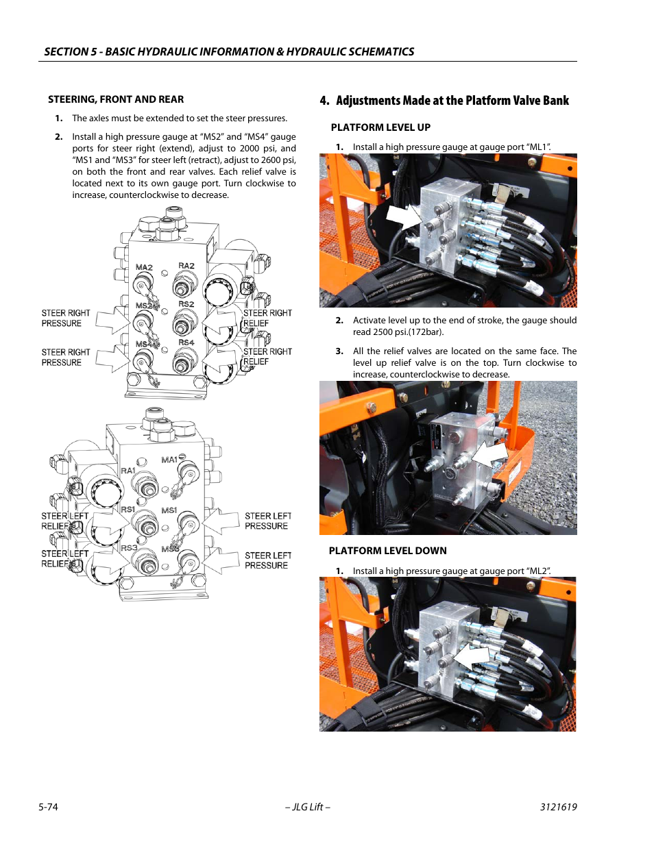 Adjustments made at the platform valve bank, Adjustments made at the platform valve bank -74 | JLG 1850SJ Service Manual User Manual | Page 244 / 452