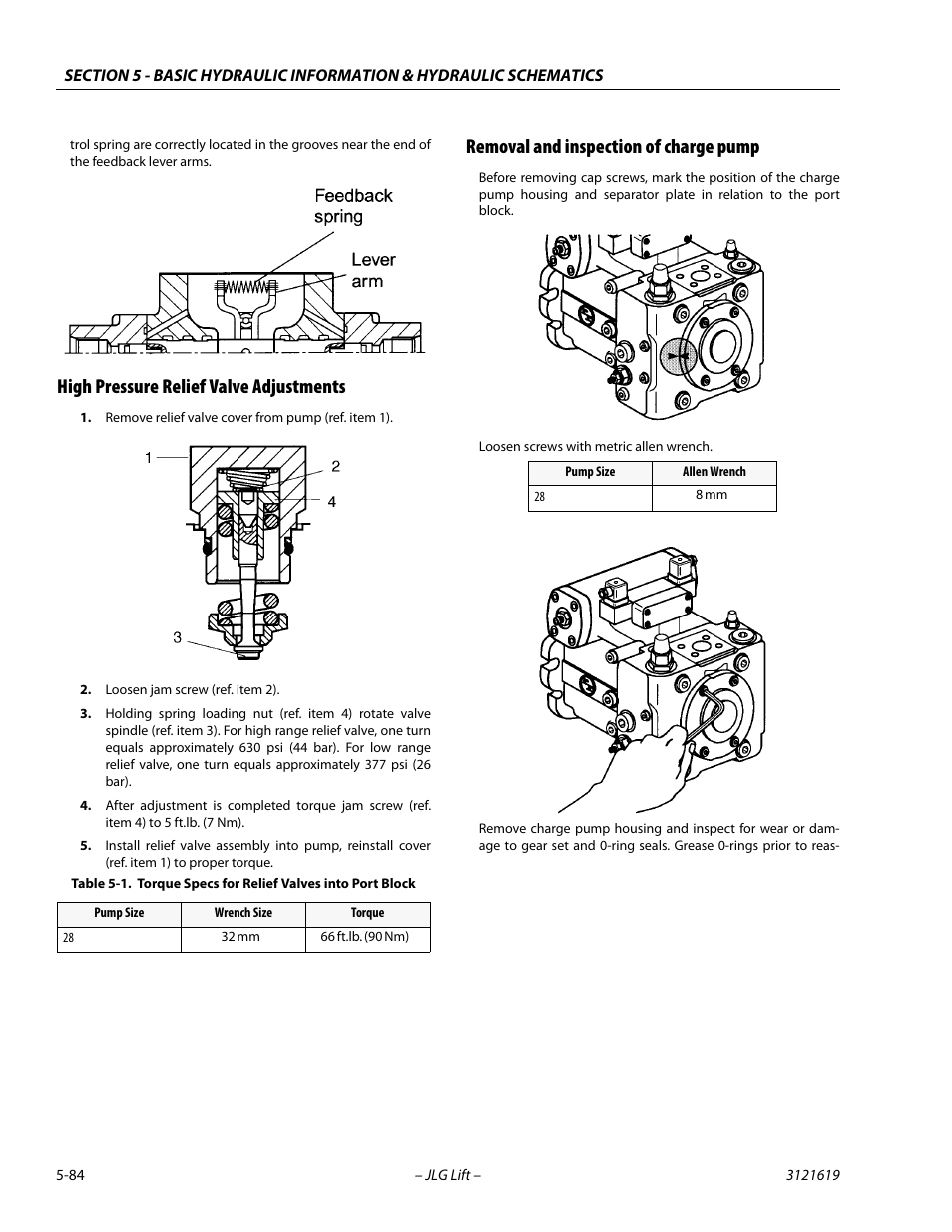 High pressure relief valve adjustments, Removal and inspection of charge pump, Torque specs for relief valves into port block -84 | JLG 1850SJ Service Manual User Manual | Page 254 / 452