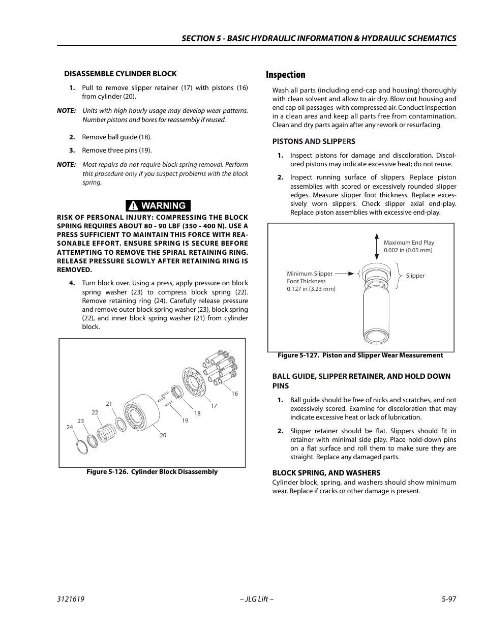 Inspection, Inspection -97, Cylinder block disassembly -97 | Piston and slipper wear measurement -97 | JLG 1850SJ Service Manual User Manual | Page 267 / 452