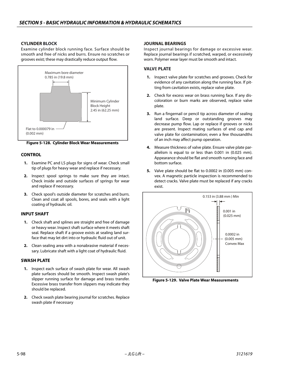 Cylinder block wear measurements -98, Valve plate wear measurements -98 | JLG 1850SJ Service Manual User Manual | Page 268 / 452