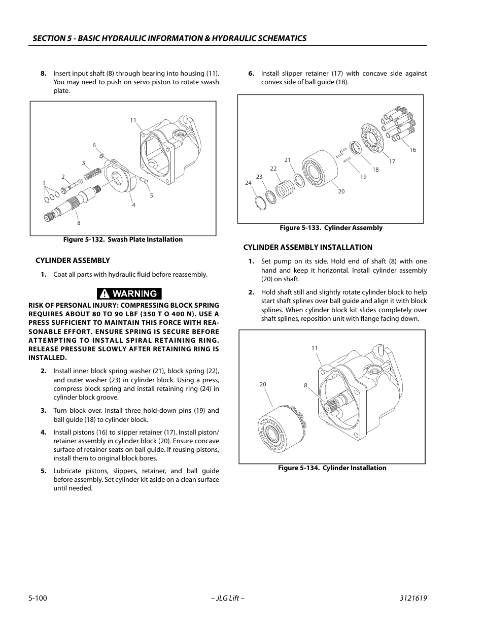 Swash plate installation -100, Cylinder assembly -100, Cylinder installation -100 | JLG 1850SJ Service Manual User Manual | Page 270 / 452