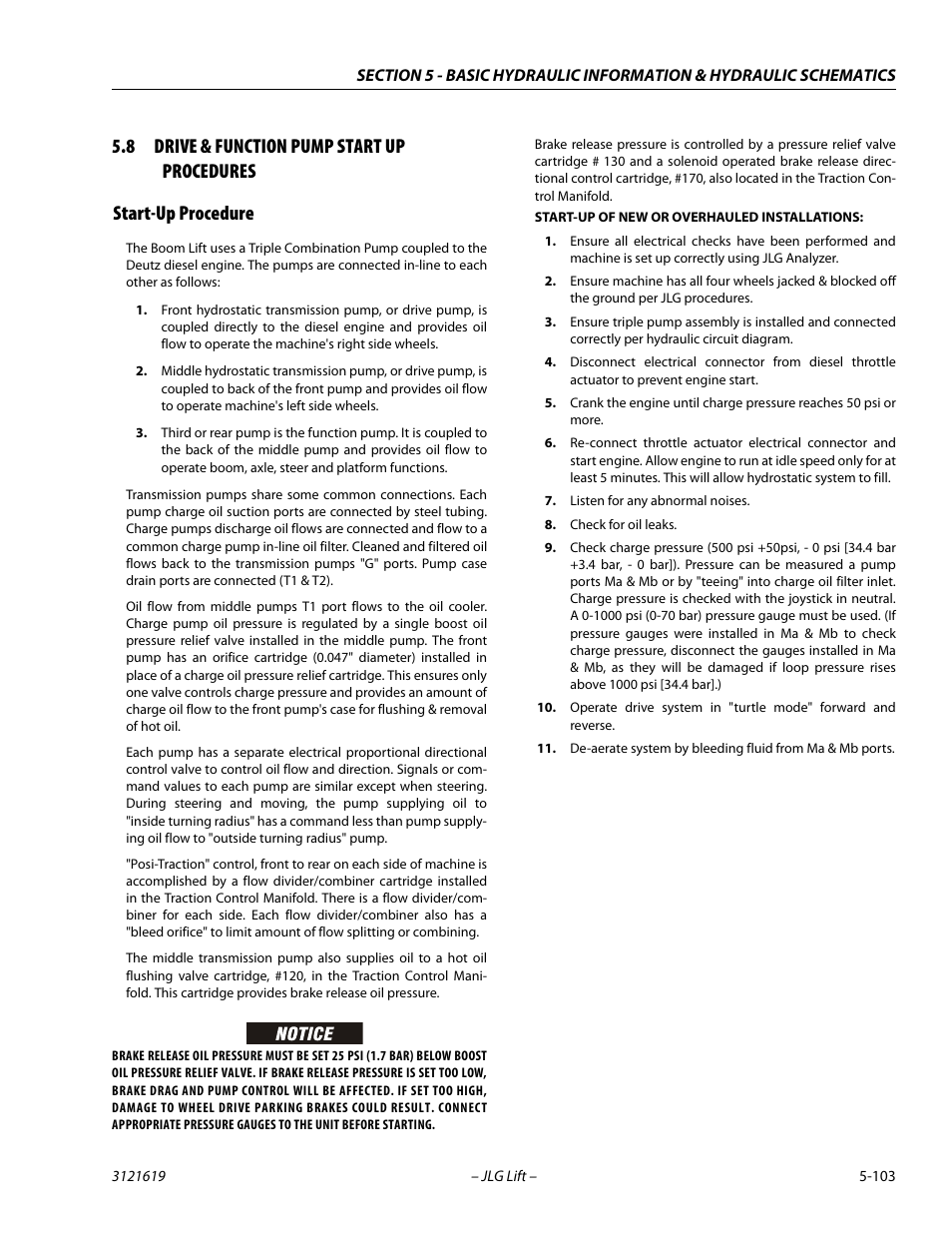 8 drive & function pump start up procedures, Start-up procedure, Drive & function pump start up procedures -103 | Start-up procedure -103 | JLG 1850SJ Service Manual User Manual | Page 273 / 452