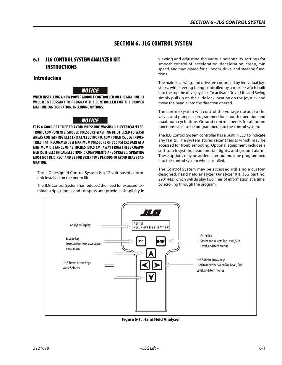 Section 6. jlg control system, 1 jlg control system analyzer kit instructions, Introduction | Section, 6 - jlg control system, Jlg control system analyzer kit instructions -1, Introduction -1, Hand held analyzer -1 | JLG 1850SJ Service Manual User Manual | Page 283 / 452