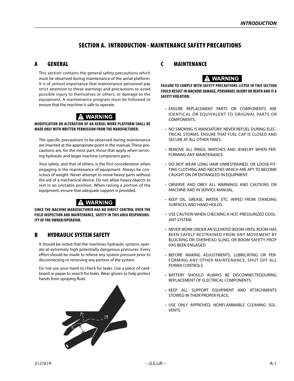 A general, B hydraulic system safety, C maintenance | Ageneral, Bhydraulic system safety, Cmaintenance | JLG 1850SJ Service Manual User Manual | Page 3 / 452