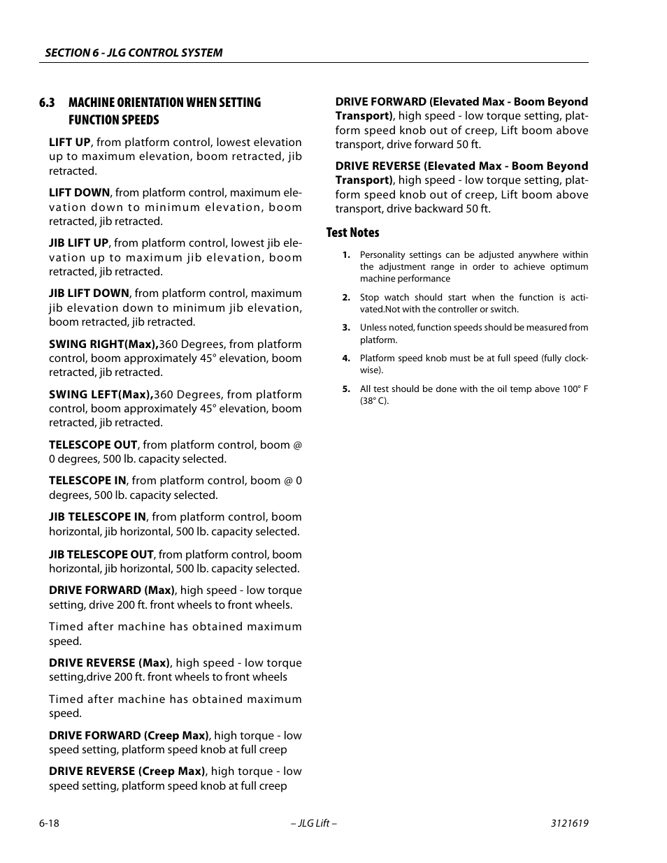 3 machine orientation when setting function speeds, Test notes, Test notes -18 | JLG 1850SJ Service Manual User Manual | Page 300 / 452