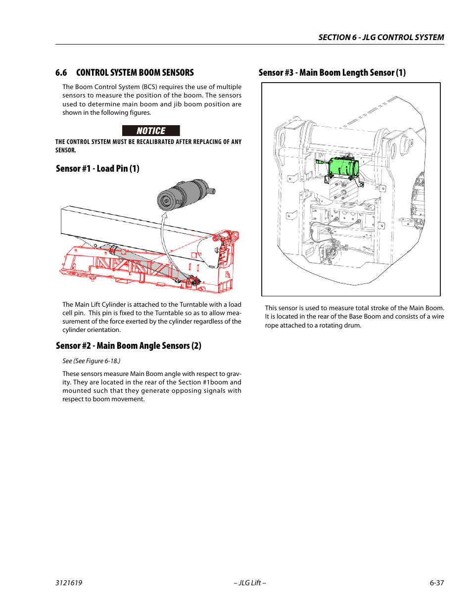 6 control system boom sensors, Sensor #1 - load pin (1), Sensor #2 - main boom angle sensors (2) | Sensor #3 - main boom length sensor (1), Control system boom sensors -37 | JLG 1850SJ Service Manual User Manual | Page 319 / 452