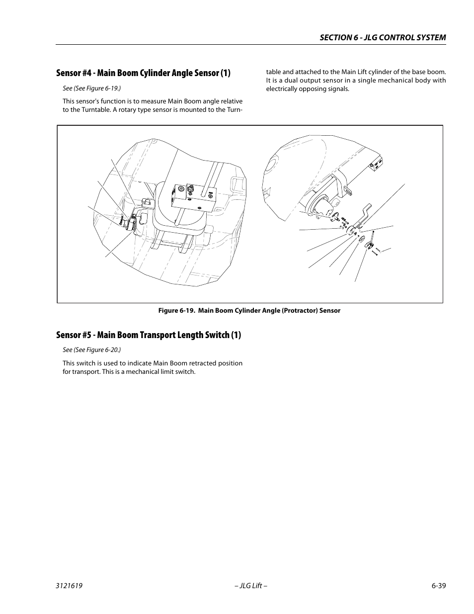 Sensor #4 - main boom cylinder angle sensor (1), Sensor #5 - main boom transport length switch (1), Main boom cylinder angle (protractor) sensor -39 | JLG 1850SJ Service Manual User Manual | Page 321 / 452