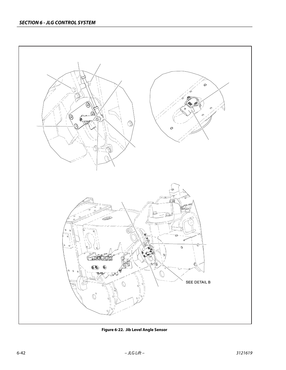 Jib level angle sensor -42, Detail b, Figure 6-22. jib level angle sensor | JLG 1850SJ Service Manual User Manual | Page 324 / 452