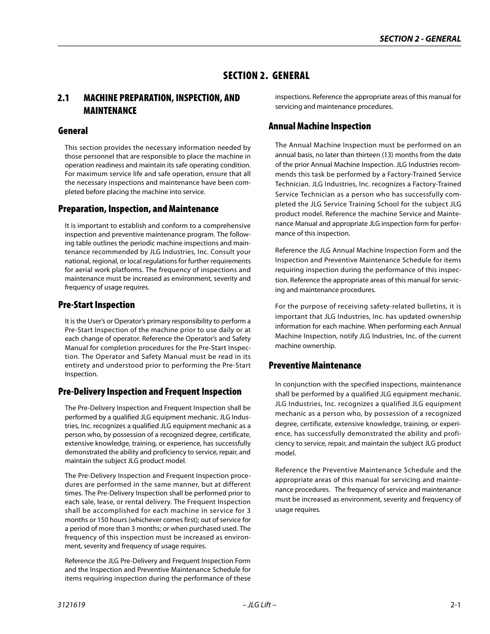 Section 2. general, 1 machine preparation, inspection, and maintenance, General | Preparation, inspection, and maintenance, Pre-start inspection, Pre-delivery inspection and frequent inspection, Annual machine inspection, Preventive maintenance, Section, 2 - general | JLG 1850SJ Service Manual User Manual | Page 33 / 452