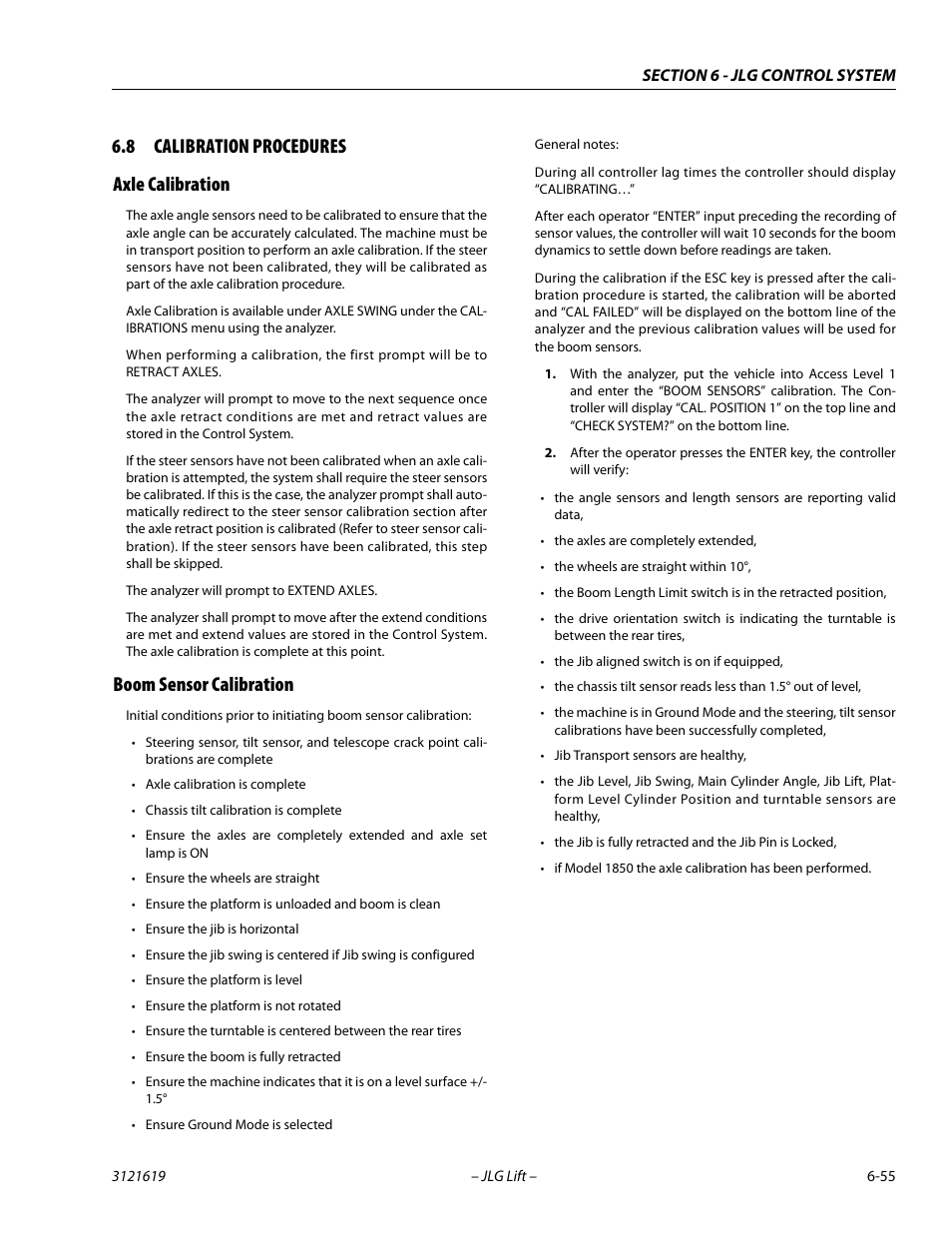 8 calibration procedures, Axle calibration, Boom sensor calibration | Calibration procedures -55, Axle calibration -55 boom sensor calibration -55, 8 calibration procedures axle calibration | JLG 1850SJ Service Manual User Manual | Page 337 / 452