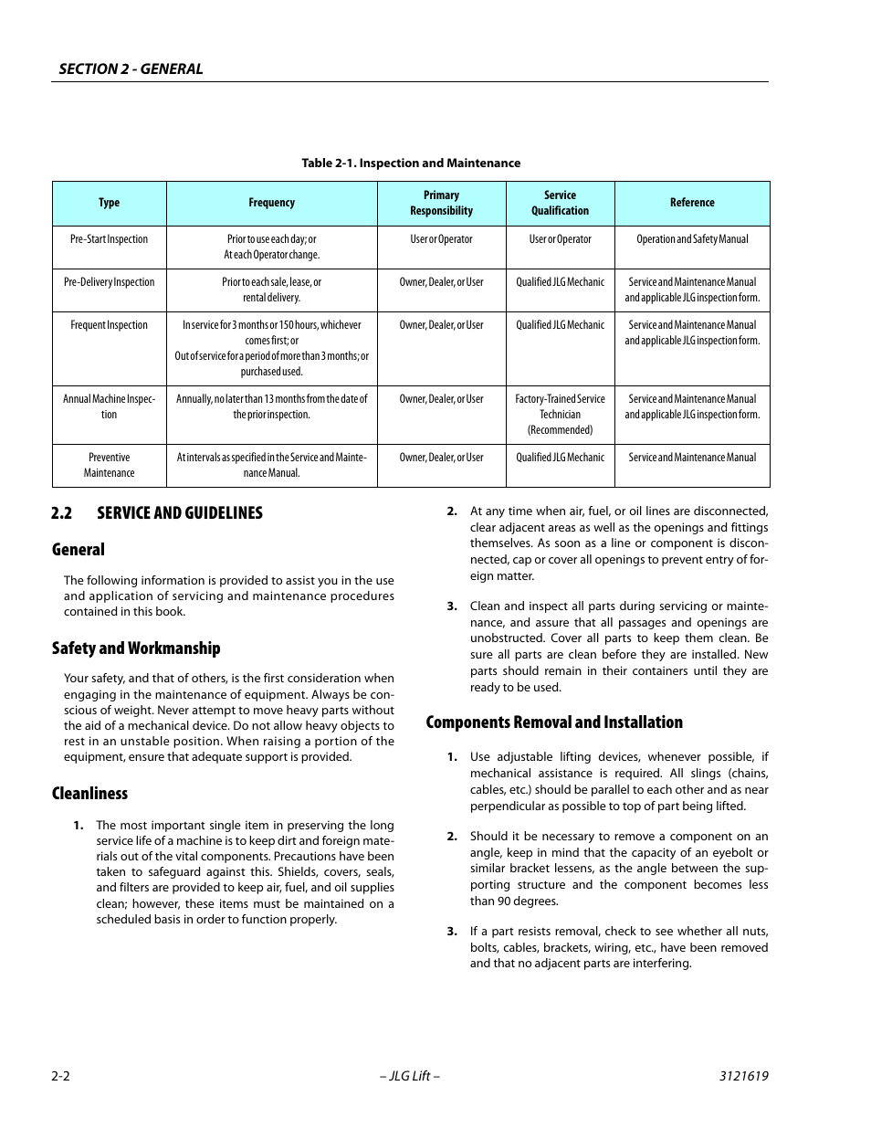 2 service and guidelines, General, Safety and workmanship | Cleanliness, Components removal and installation, Service and guidelines -2, Inspection and maintenance -2, 2 service and guidelines general | JLG 1850SJ Service Manual User Manual | Page 34 / 452